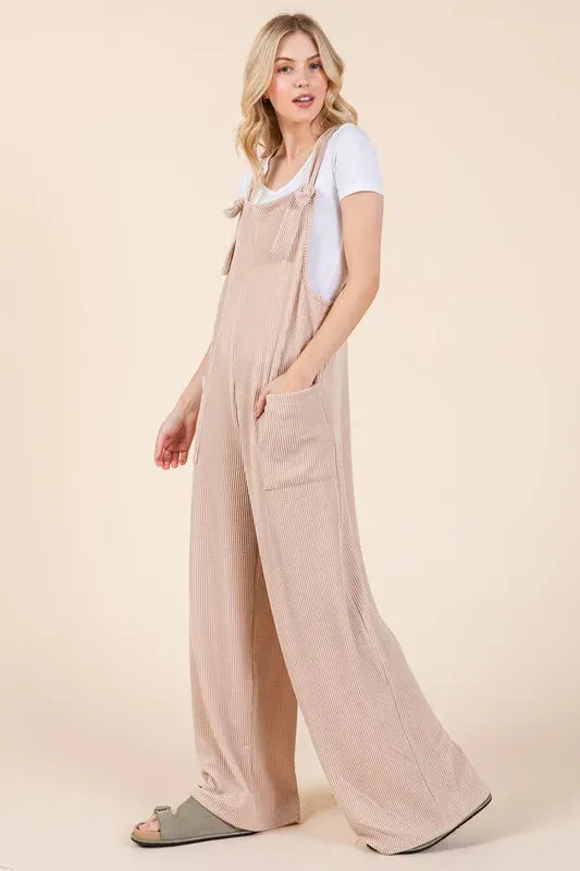 BOMBOM Knot Straps Wide Leg Ribbed Overalls with Pockets sold by Gigi Laurent product image thumbnail 3