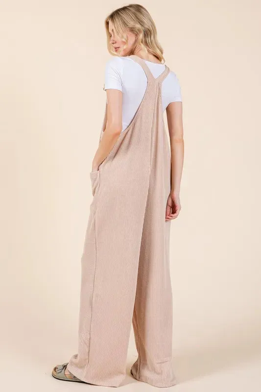 BOMBOM Knot Straps Wide Leg Ribbed Overalls with Pockets sold by Gigi Laurent product image thumbnail 2