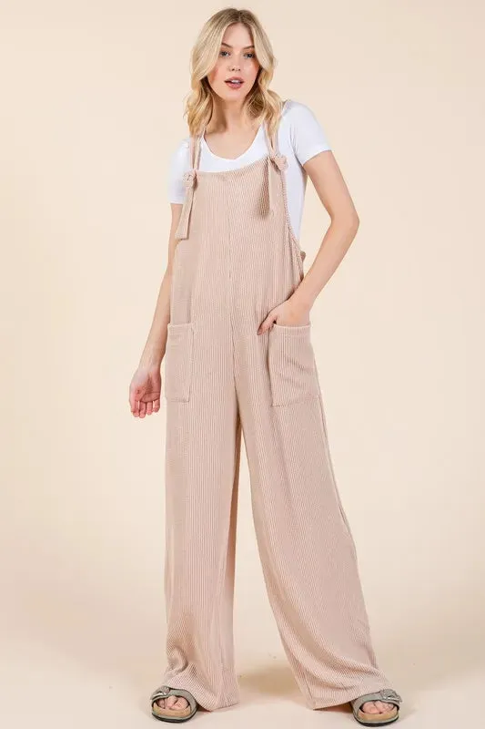 BOMBOM Knot Straps Wide Leg Ribbed Overalls with Pockets sold by Gigi Laurent