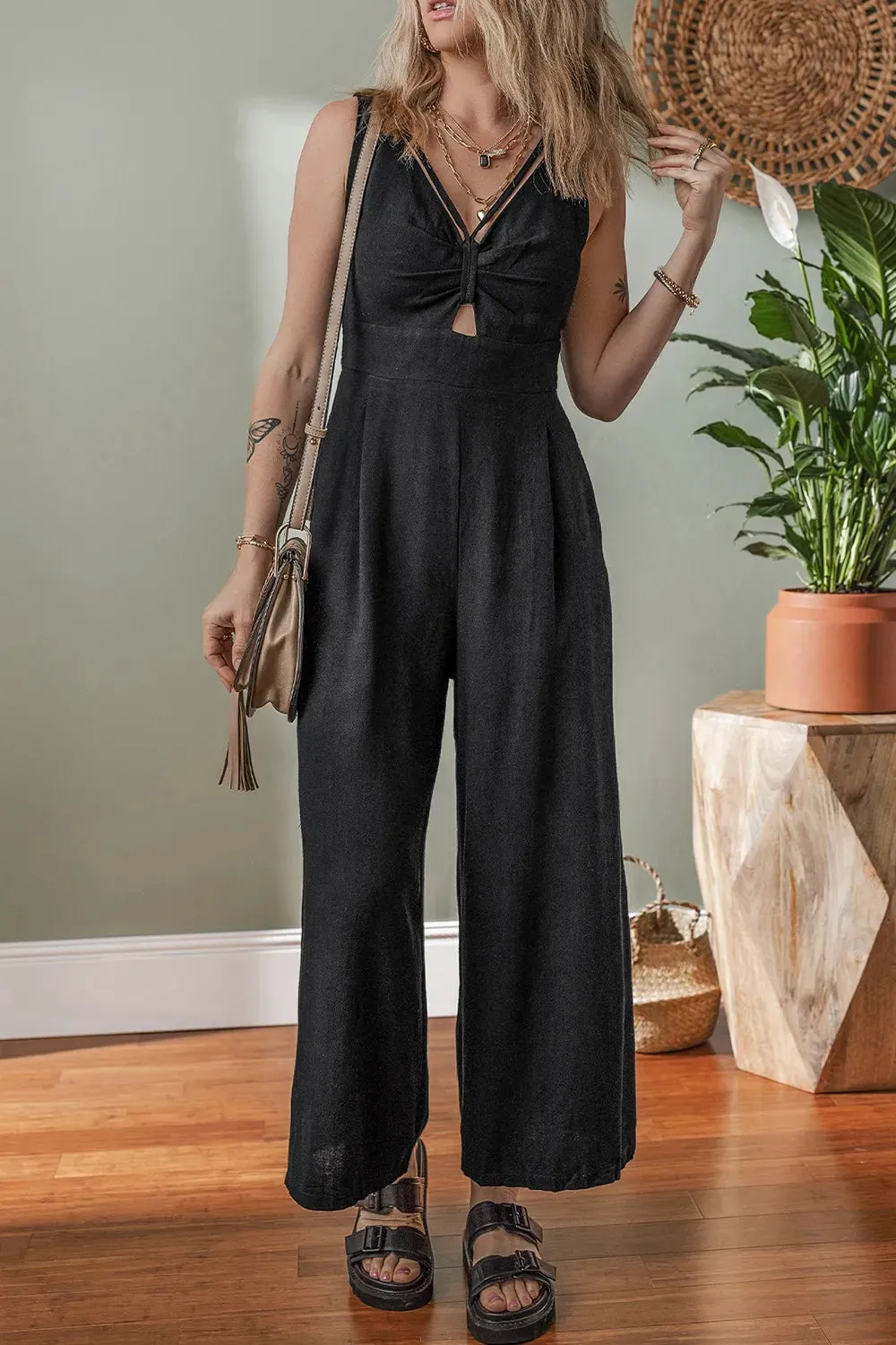 Front Cut Out Smocked Back Sleeveless Wide Leg Jumpsuit sold by Gigi Laurent product image thumbnail 4