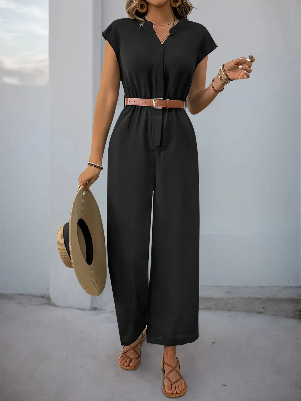 Perfee Notched Wide Leg Jumpsuit sold by Gigi Laurent
