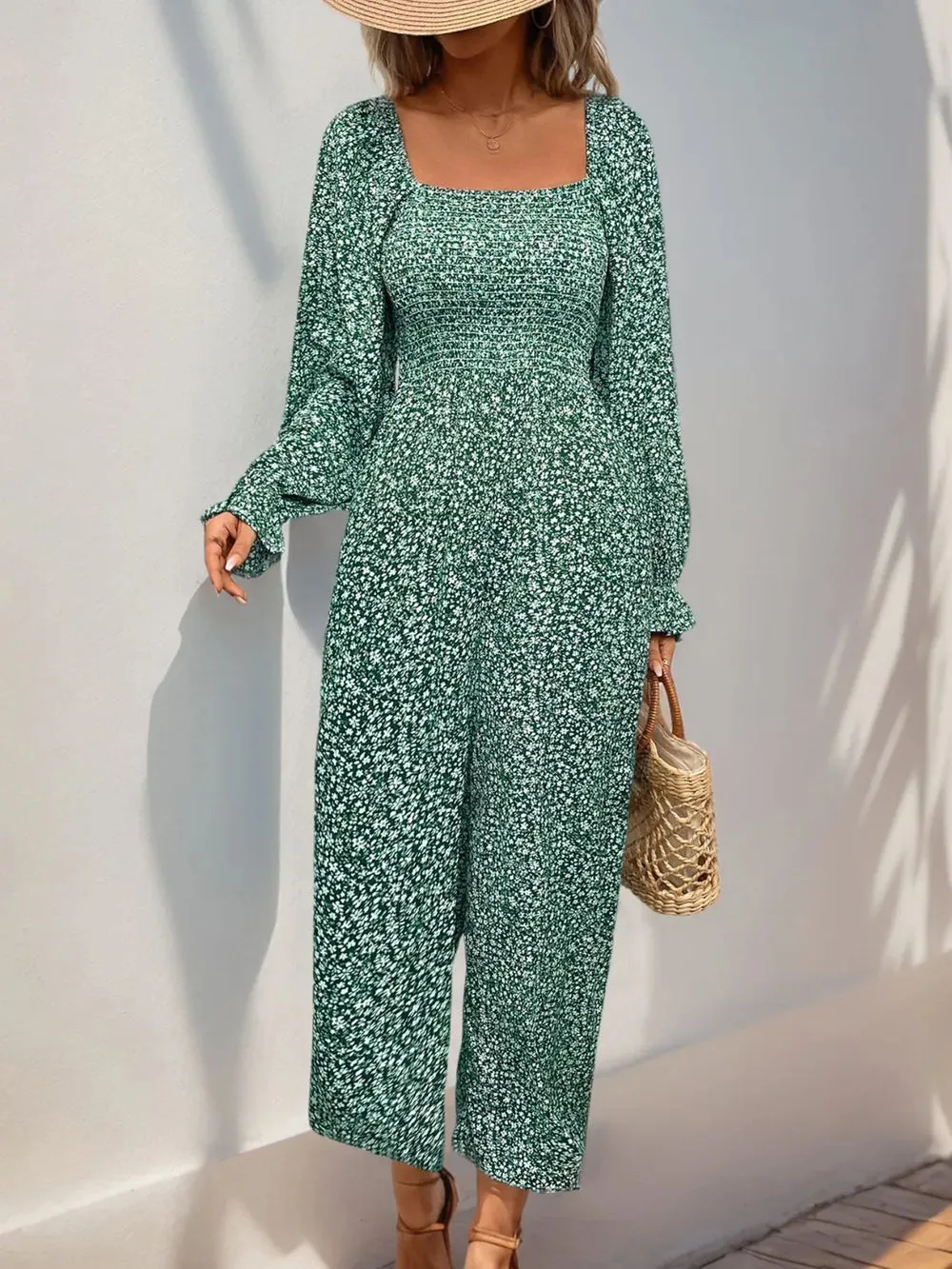 Perfee Smocked Printed Long Sleeve Wide Leg Jumpsuit sold by Gigi Laurent product image thumbnail 5