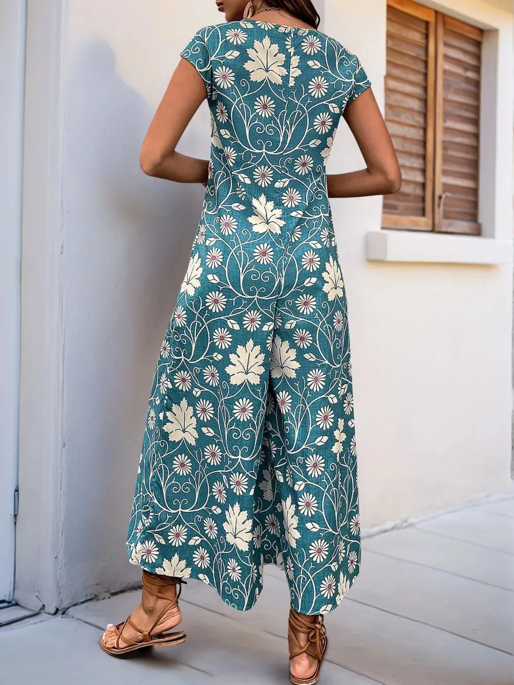 Perfee Printed Round Neck Cap Sleeve Wide Leg Jumpsuit sold by Gigi Laurent product image thumbnail 3