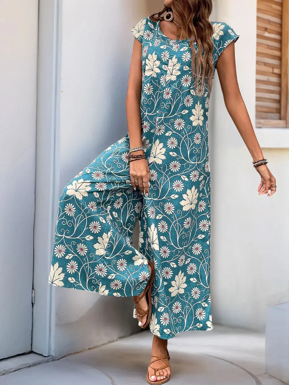 Perfee Printed Round Neck Cap Sleeve Wide Leg Jumpsuit sold by Gigi Laurent product image thumbnail 2