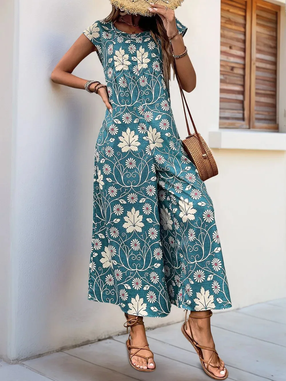 Perfee Printed Round Neck Cap Sleeve Wide Leg Jumpsuit sold by Gigi Laurent product image thumbnail 4