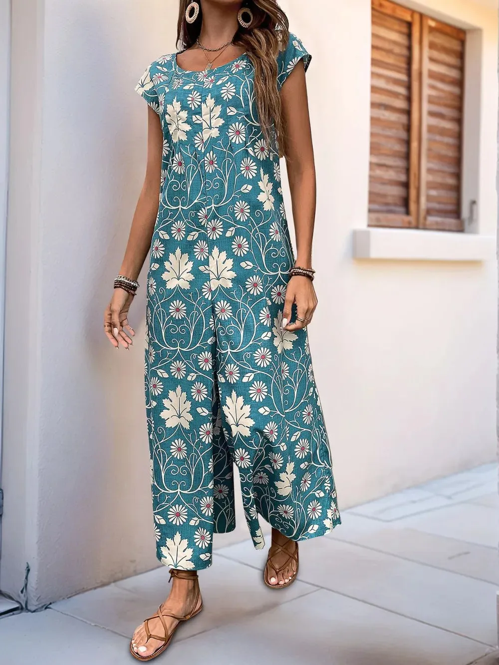 Perfee Printed Round Neck Cap Sleeve Wide Leg Jumpsuit sold by Gigi Laurent product image thumbnail 5