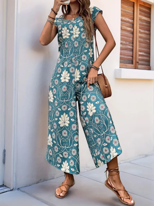Perfee Printed Round Neck Cap Sleeve Wide Leg Jumpsuit sold by Gigi Laurent
