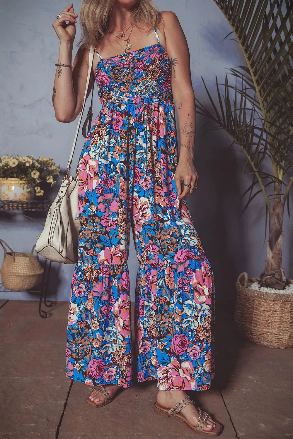 Floral Smocked Spaghetti Straps Wide Leg Jumpsuit sold by Gigi Laurent product image thumbnail 5