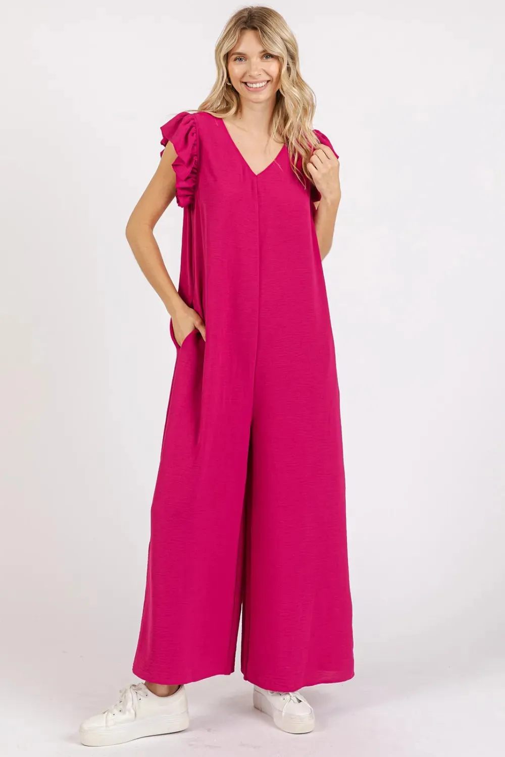 Mittoshop V-Neck Ruffled Cap Sleeve Wide Leg Jumpsuit sold by Gigi Laurent