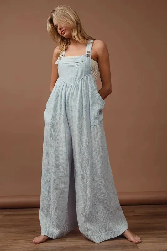 BiBi Vintage Washed Crinkle Gauze Wide Leg Overalls made by Trendsi