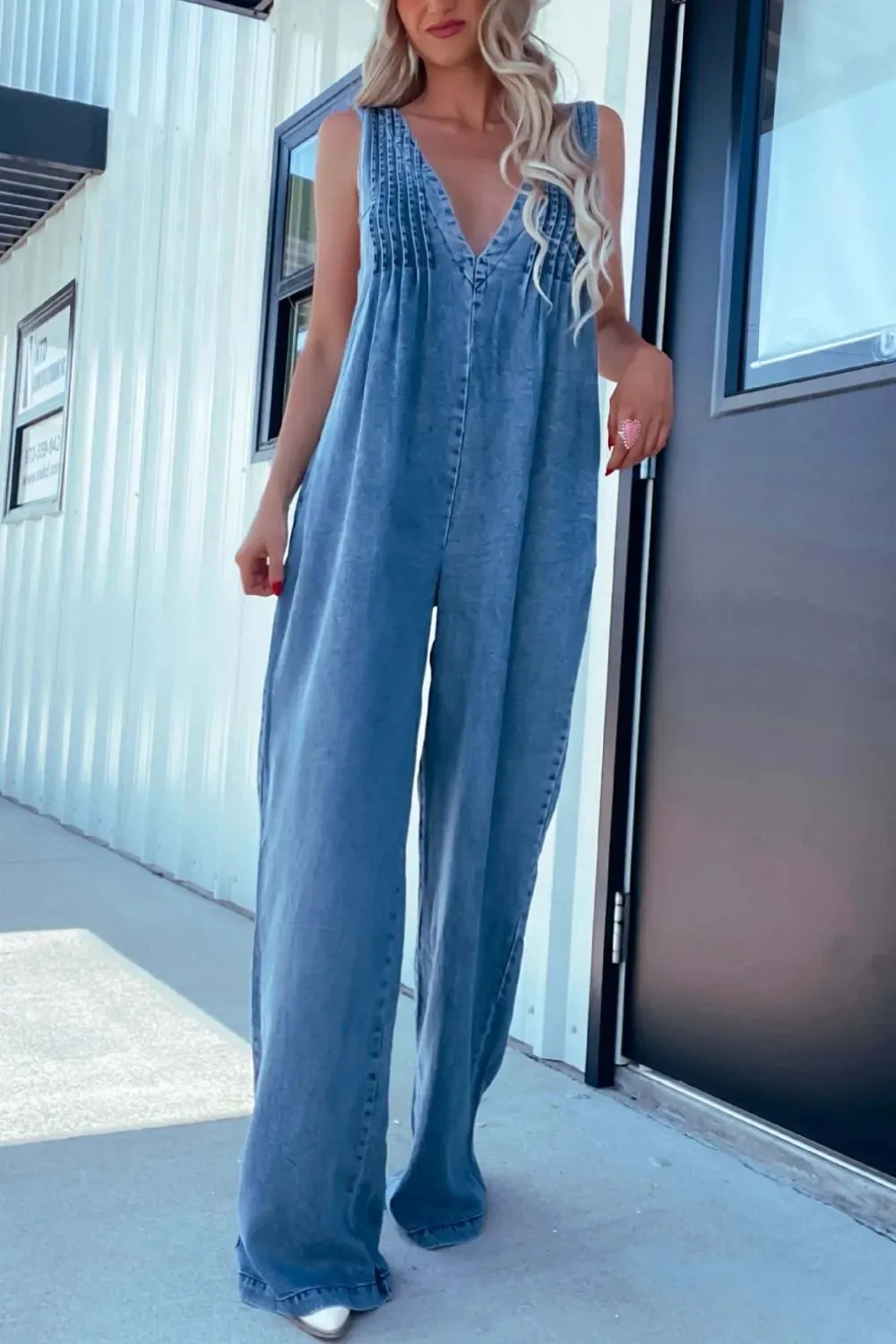 V-Neck Wide Leg Denim Jumpsuit sold by Gigi Laurent product image thumbnail 2