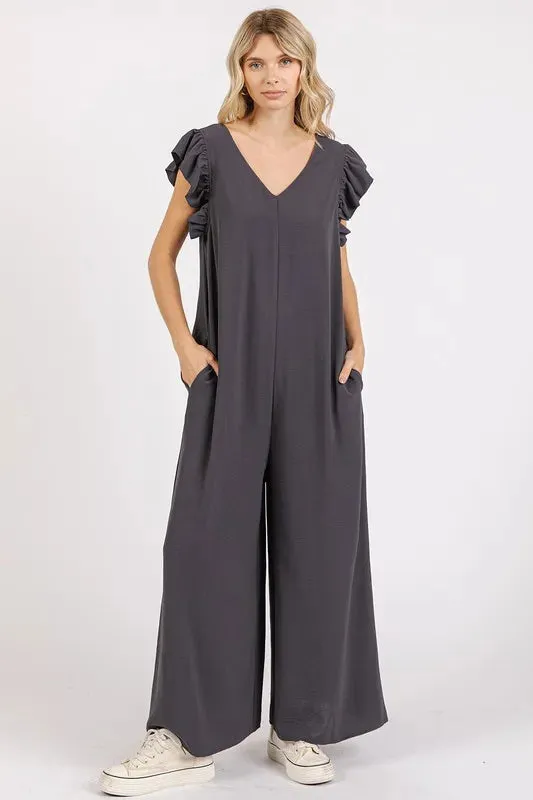Mittoshop V-Neck Ruffled Cap Sleeve Wide Leg Jumpsuit sold by Gigi Laurent