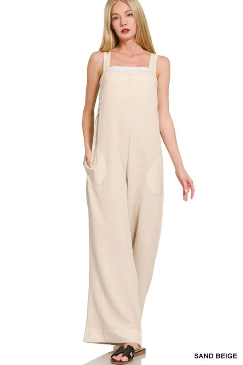 Zenana Double Gauze Washed Wide Leg Overalls sold by Gigi Laurent