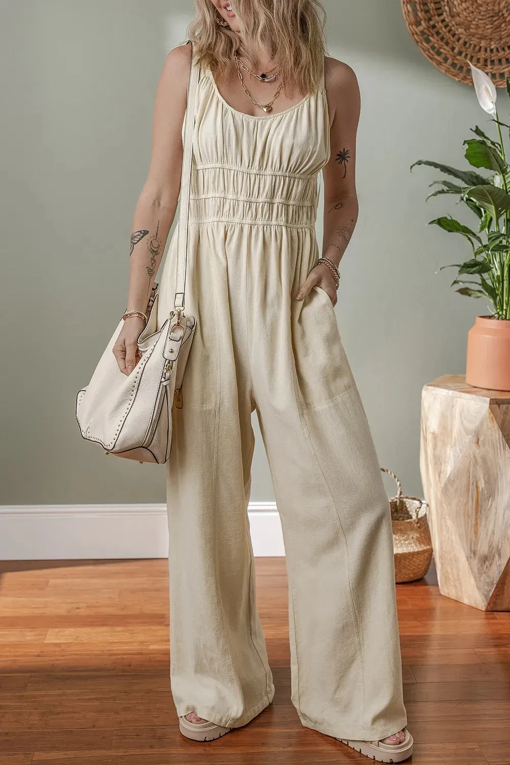 Ruched Sleeveless Wide Leg Jumpsuit sold by Gigi Laurent