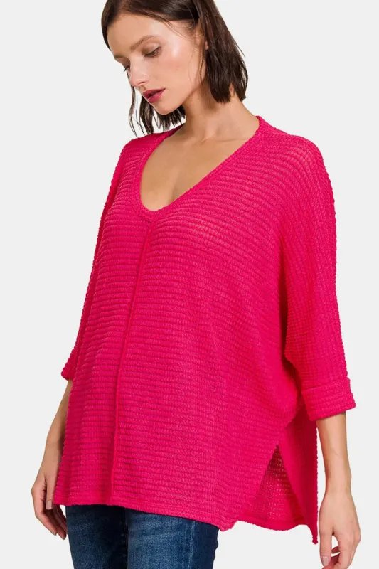 Zenana V-Neck High-Low Jacquard Knit Top sold by Gigi Laurent