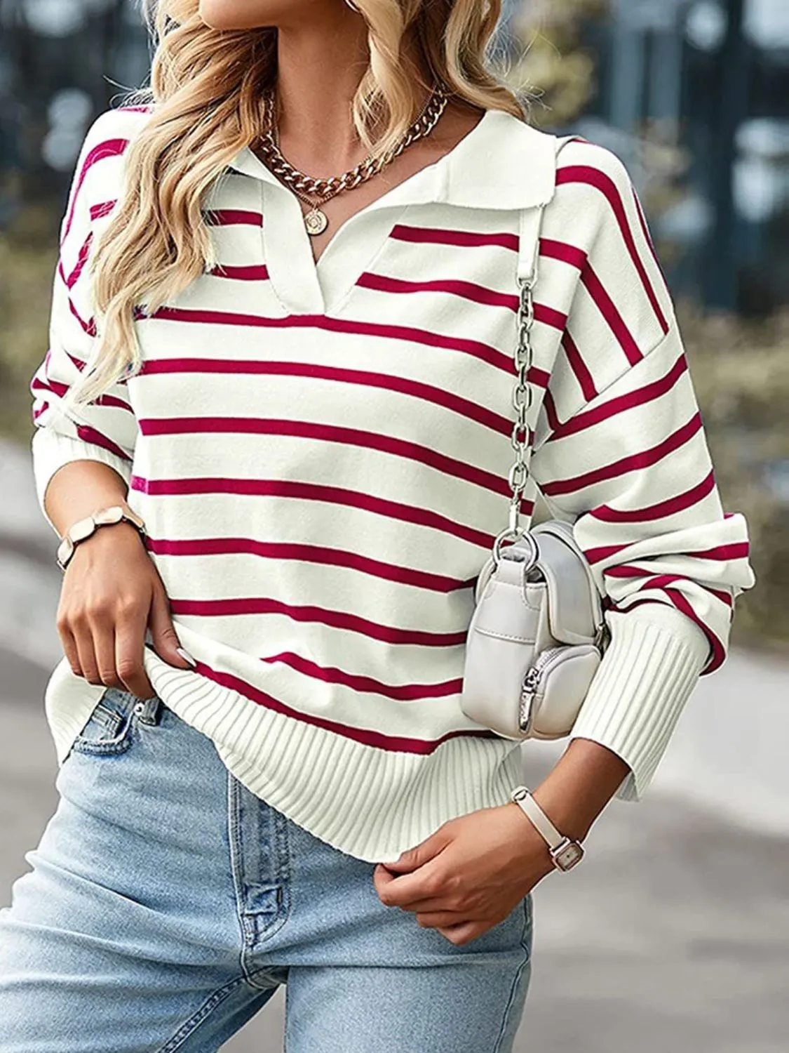 Striped Collared Neck Knit Top sold by Gigi Laurent