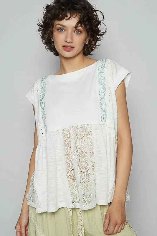 POL Embroidered Detail Boat Neck Cap Sleeve Lace Blouse sold by Gigi Laurent