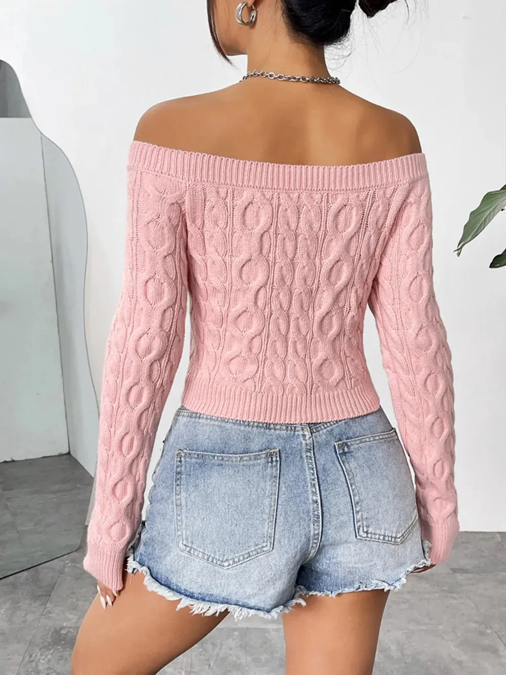 Cable-Knit Off-Shoulder Long Sleeve Knit Top sold by Gigi Laurent product image thumbnail 2