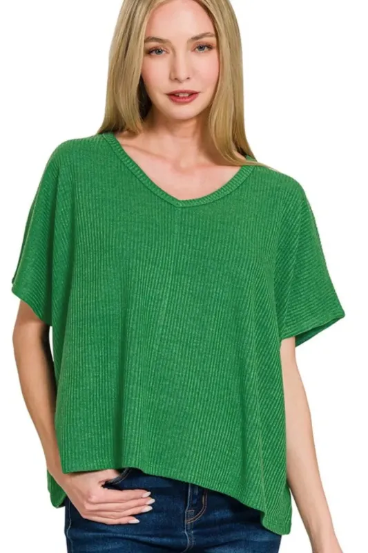 Zenana Ribbed V-Neck Short-Sleeve Knit Top sold by Gigi Laurent