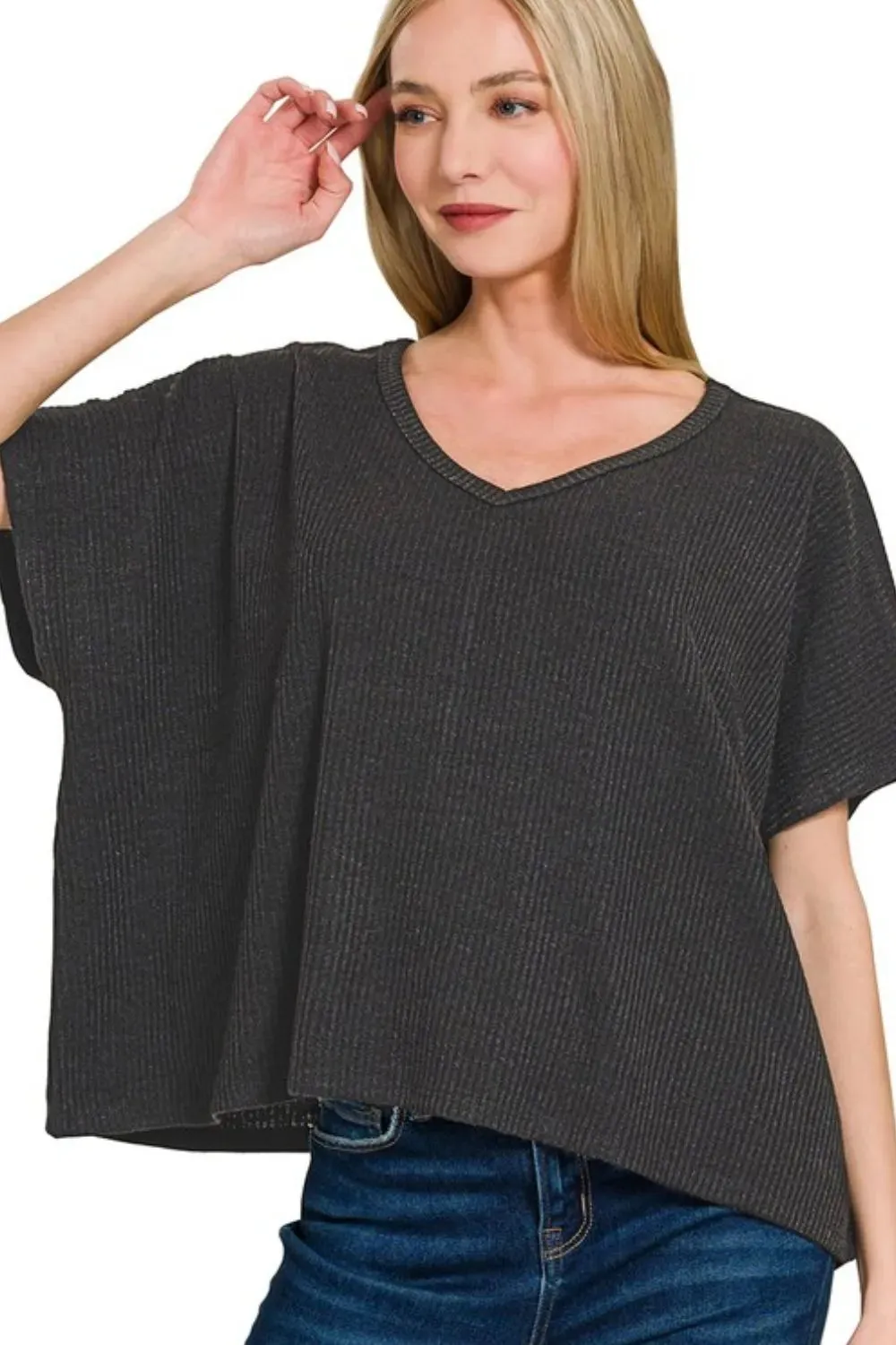 Zenana Ribbed V-Neck Short-Sleeve Knit Top sold by Gigi Laurent