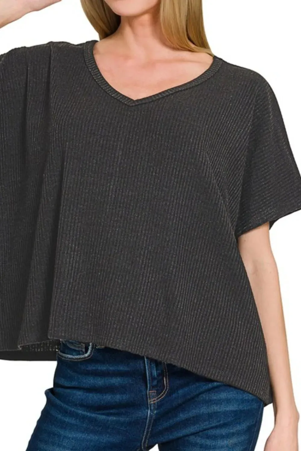 Zenana Ribbed V-Neck Short-Sleeve Knit Top sold by Gigi Laurent product image thumbnail 3
