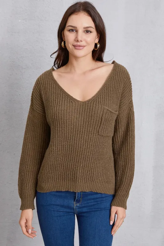 V-Neck Pocketed Dropped Shoulder Knit Top sold by Gigi Laurent