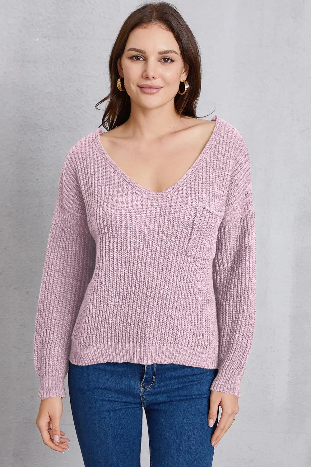 V-Neck Pocketed Dropped Shoulder Knit Top sold by Gigi Laurent product image thumbnail 5