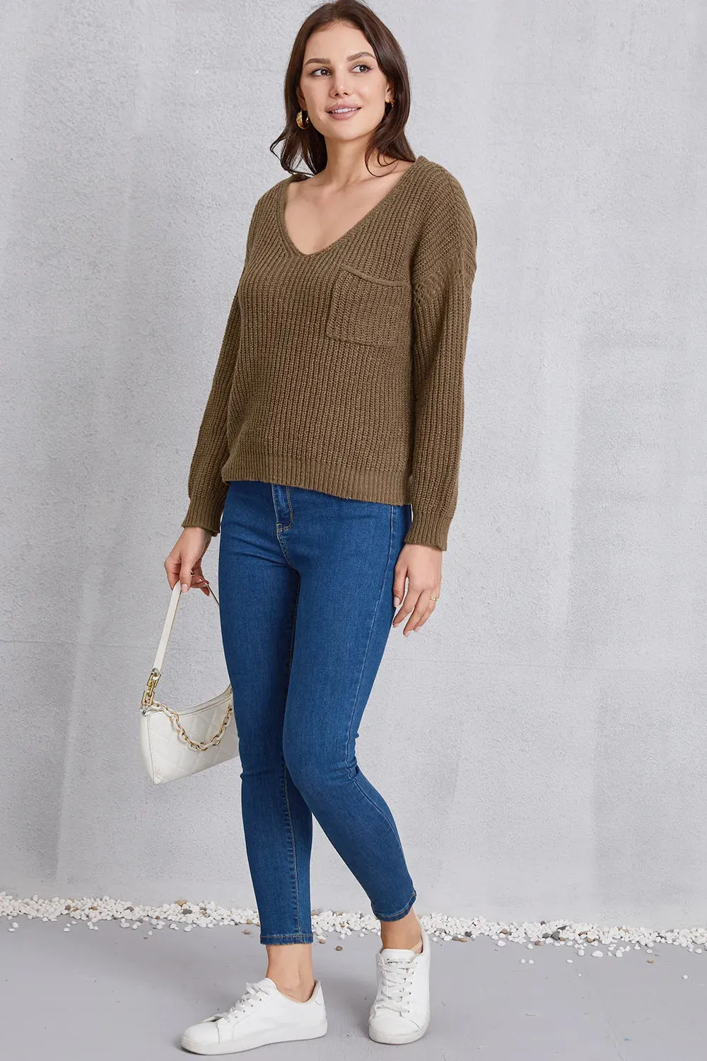 V-Neck Pocketed Dropped Shoulder Knit Top sold by Gigi Laurent product image thumbnail 4