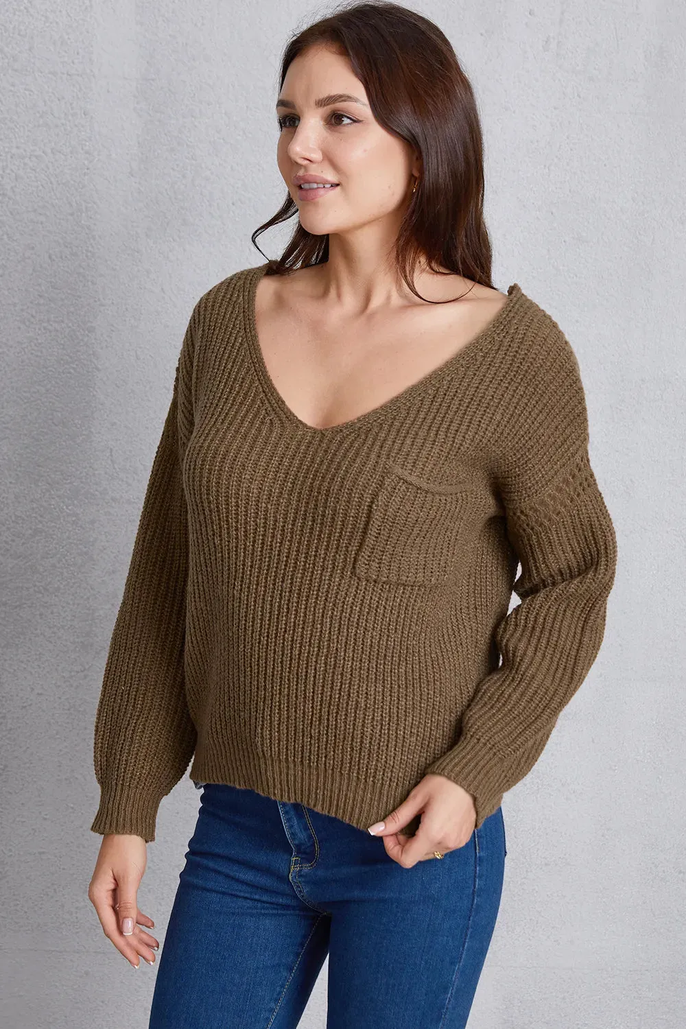 V-Neck Pocketed Dropped Shoulder Knit Top sold by Gigi Laurent product image thumbnail 3