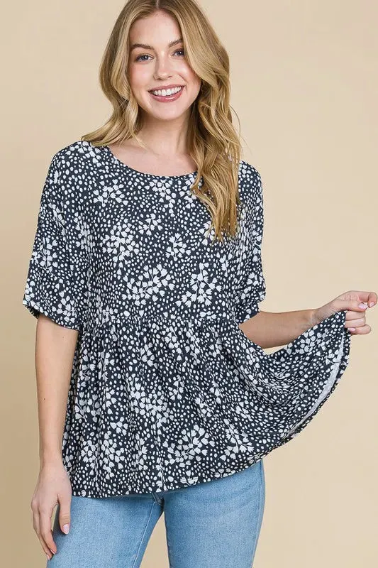 BOMBOM Floral Round Neck Peplum Blouse sold by Gigi Laurent