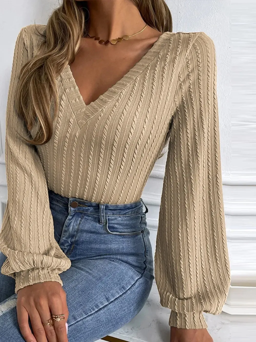 Cable-Knit V-Neck Long Sleeve Knit Top sold by Gigi Laurent product image thumbnail 4