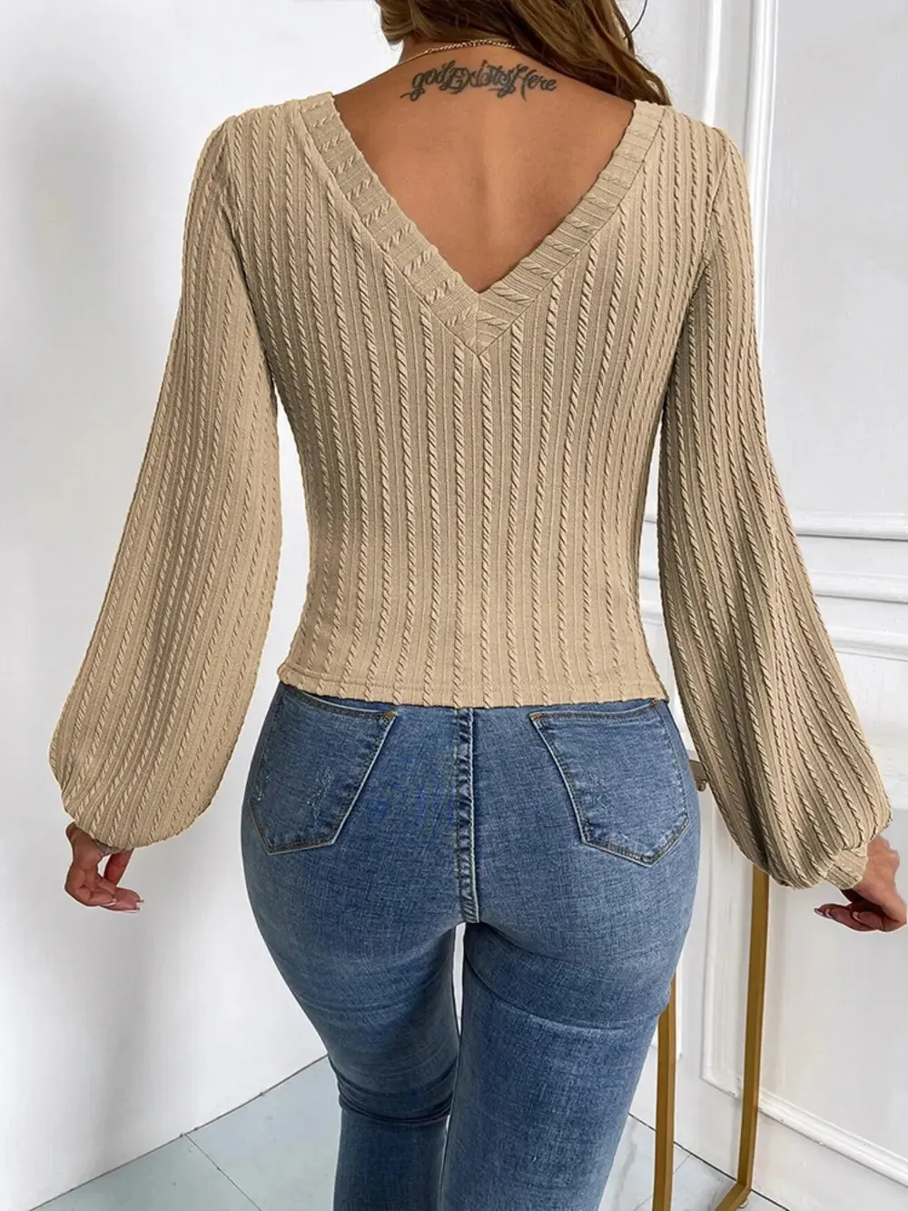 Cable-Knit V-Neck Long Sleeve Knit Top sold by Gigi Laurent product image thumbnail 2