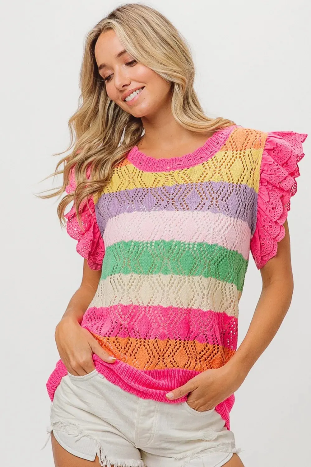 BiBi Pointelle Striped Ruffled Knit Top sold by Gigi Laurent