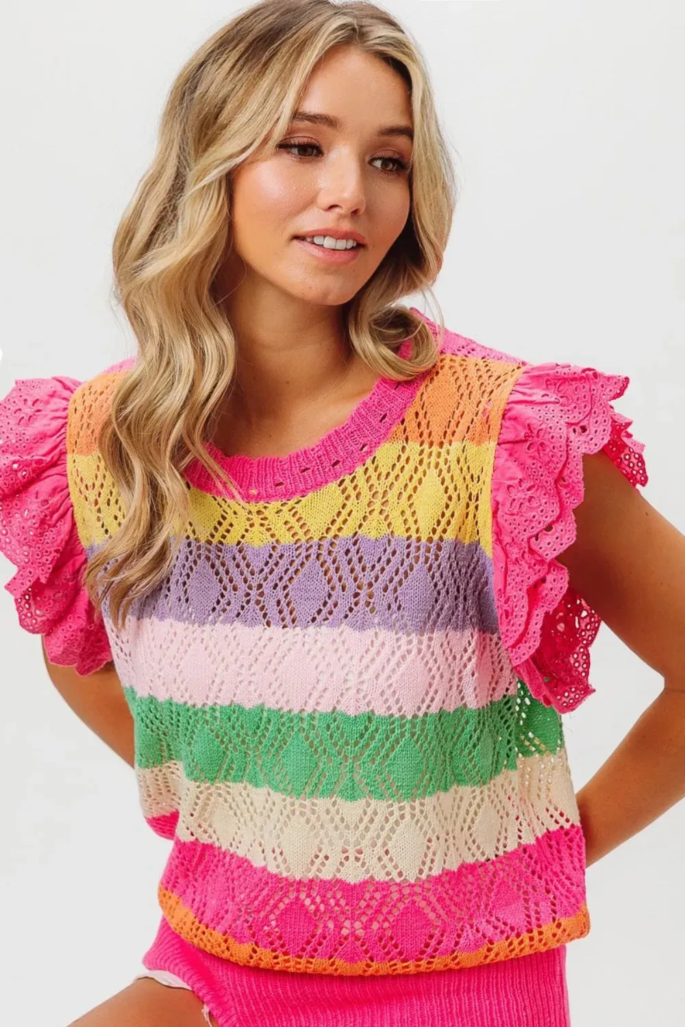 BiBi Pointelle Striped Ruffled Knit Top sold by Gigi Laurent product image thumbnail 5