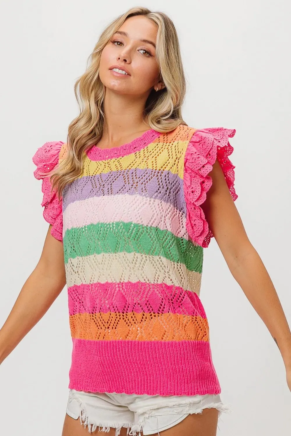 BiBi Pointelle Striped Ruffled Knit Top sold by Gigi Laurent product image thumbnail 4