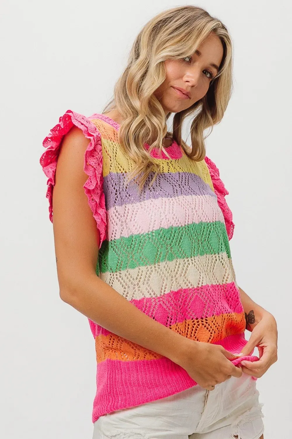 BiBi Pointelle Striped Ruffled Knit Top sold by Gigi Laurent product image thumbnail 3