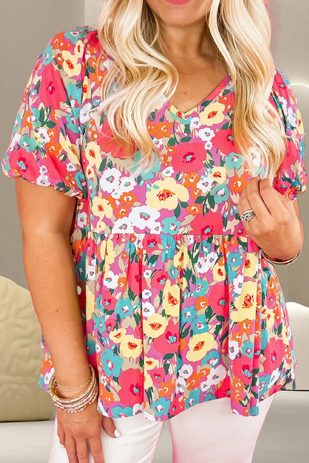 Peplum Floral V-Neck Short Sleeve Blouse sold by Gigi Laurent