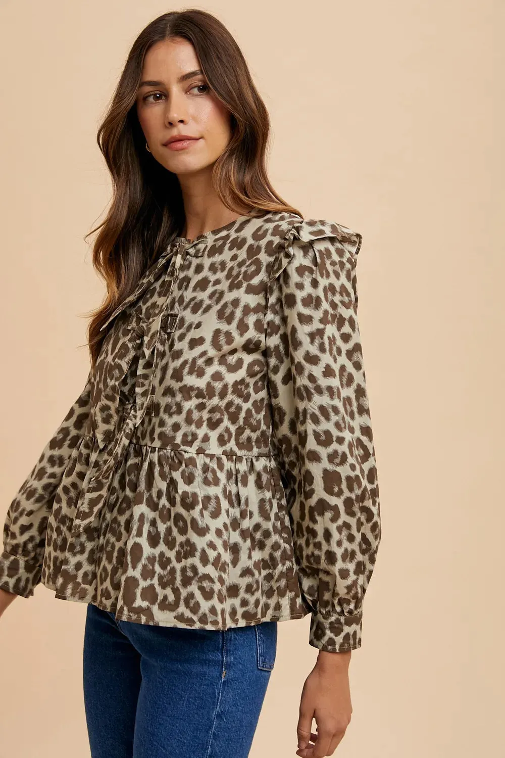 Annie Wear Tied Leopard Round Neck Peplum Blouse sold by Gigi Laurent product image thumbnail 3