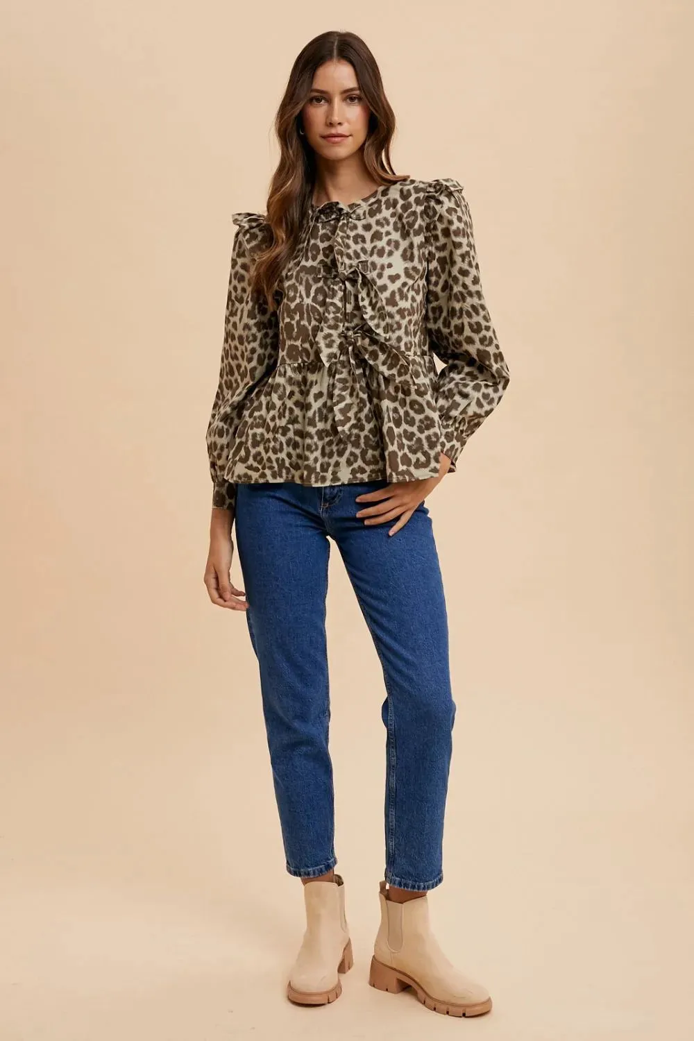 Annie Wear Tied Leopard Round Neck Peplum Blouse sold by Gigi Laurent product image thumbnail 5