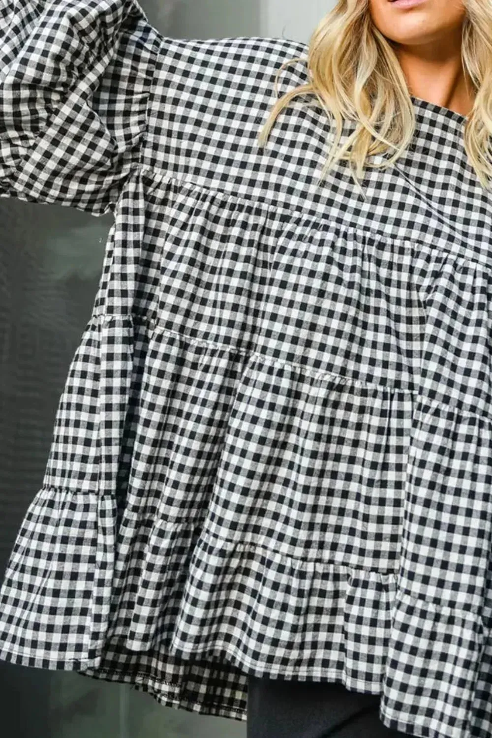Tiered Plaid Round Neck Long Sleeve Blouse sold by Gigi Laurent product image thumbnail 3