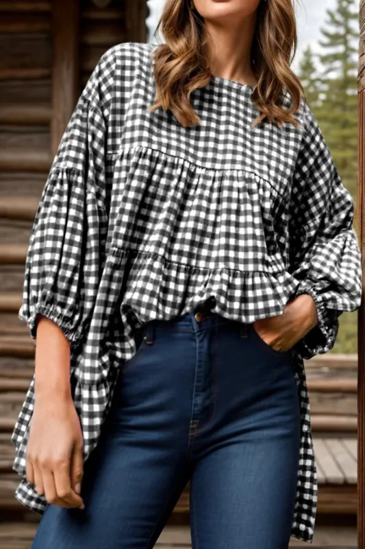 Tiered Plaid Round Neck Long Sleeve Blouse sold by Gigi Laurent