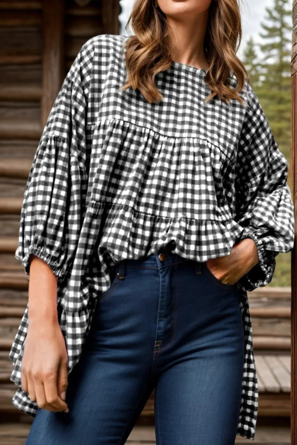 Tiered Plaid Round Neck Long Sleeve Blouse sold by Gigi Laurent