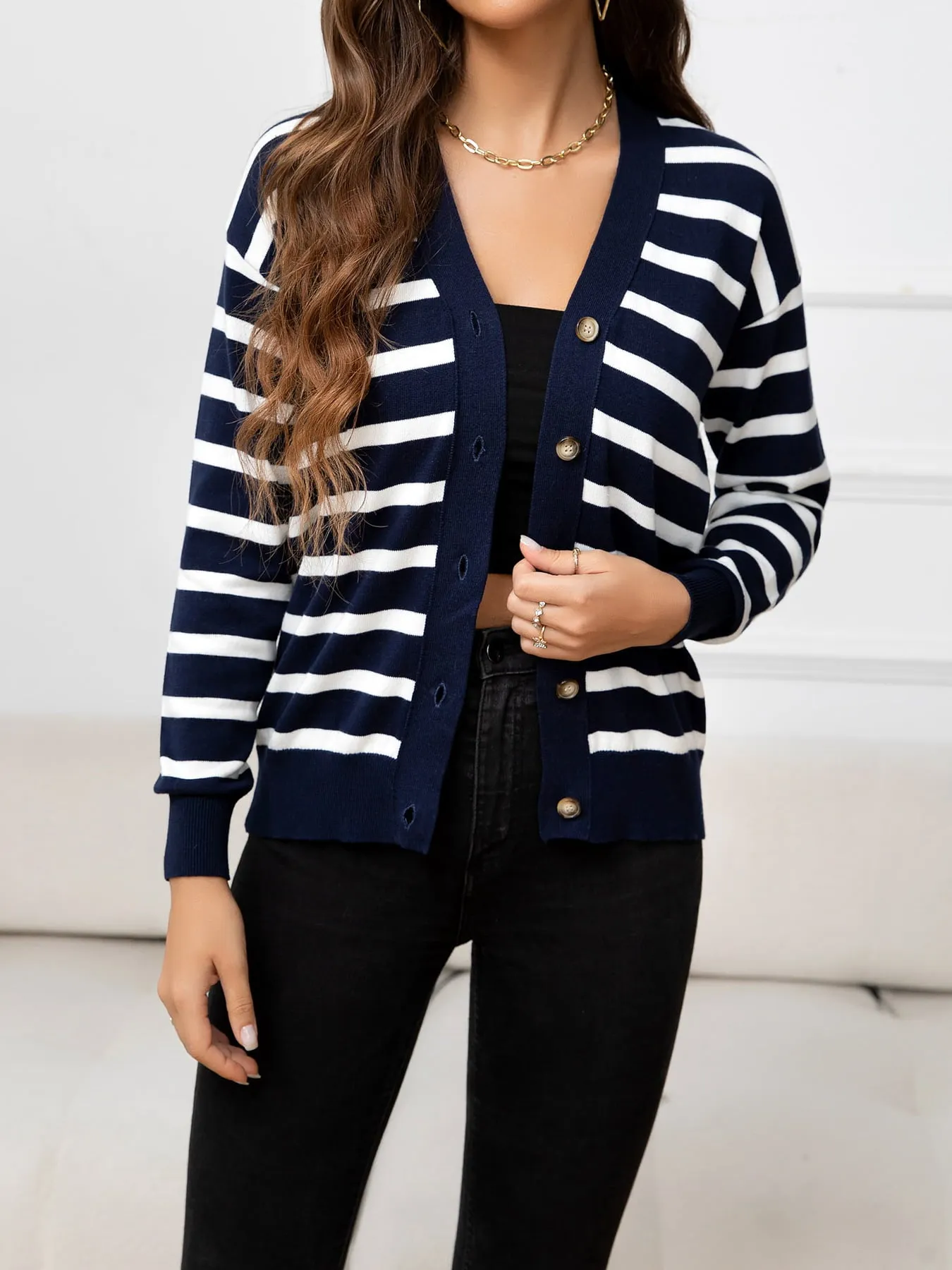 Striped Dropped Shoulder V-Neck Knit Top sold by Gigi Laurent product image thumbnail 3