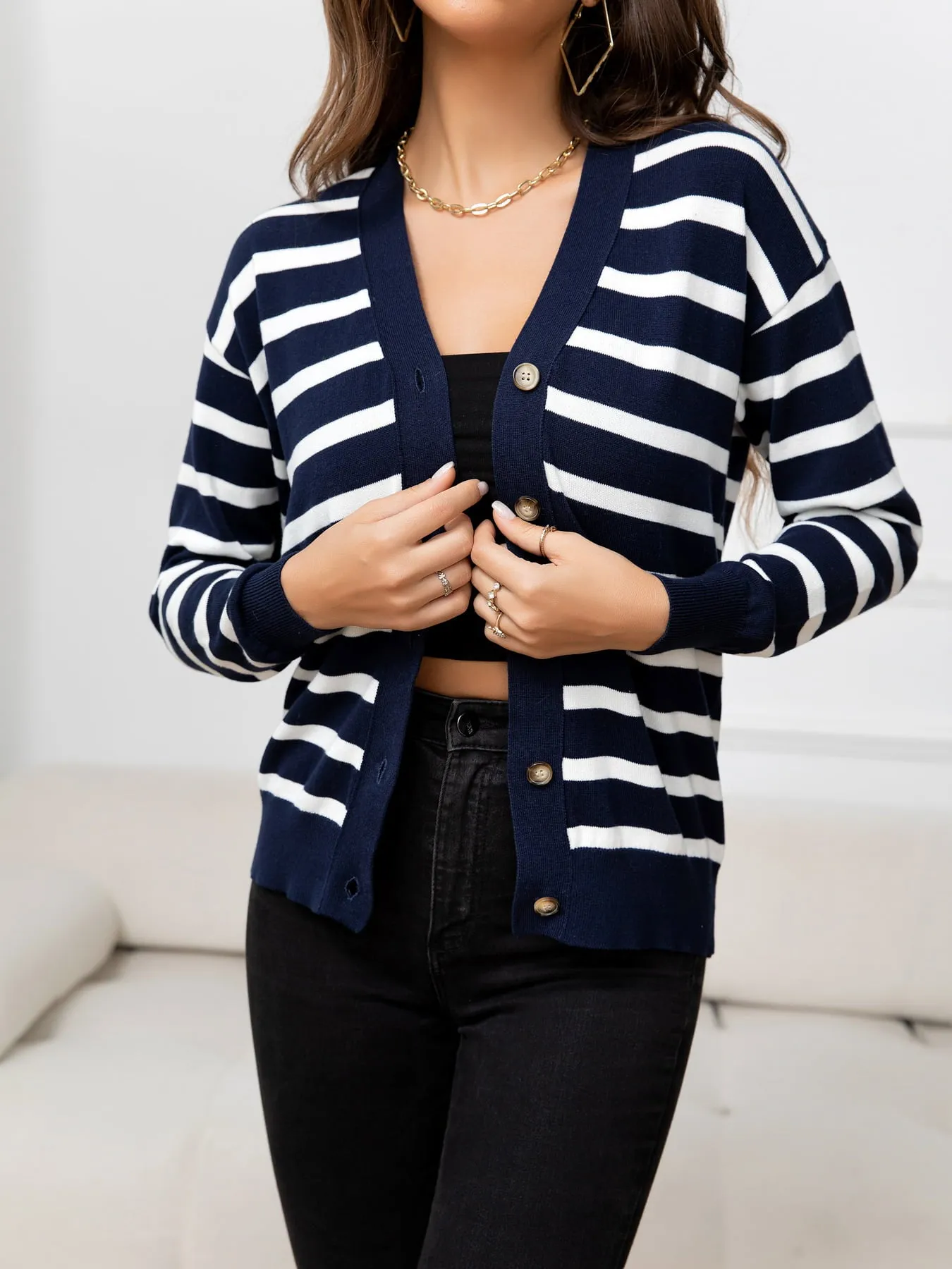 Striped Dropped Shoulder V-Neck Knit Top sold by Gigi Laurent product image thumbnail 4