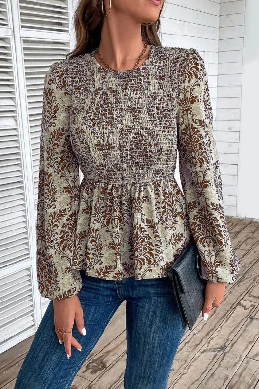 Perfee Smocked Printed Balloon Sleeve Blouse sold by Gigi Laurent