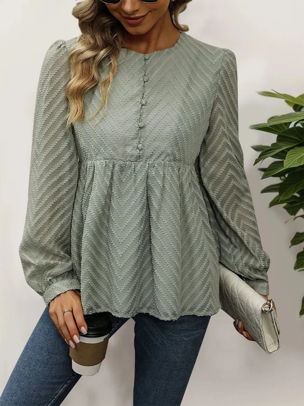 Perfee Peplum Round Neck Long Sleeve Blouse sold by Gigi Laurent product image thumbnail 3