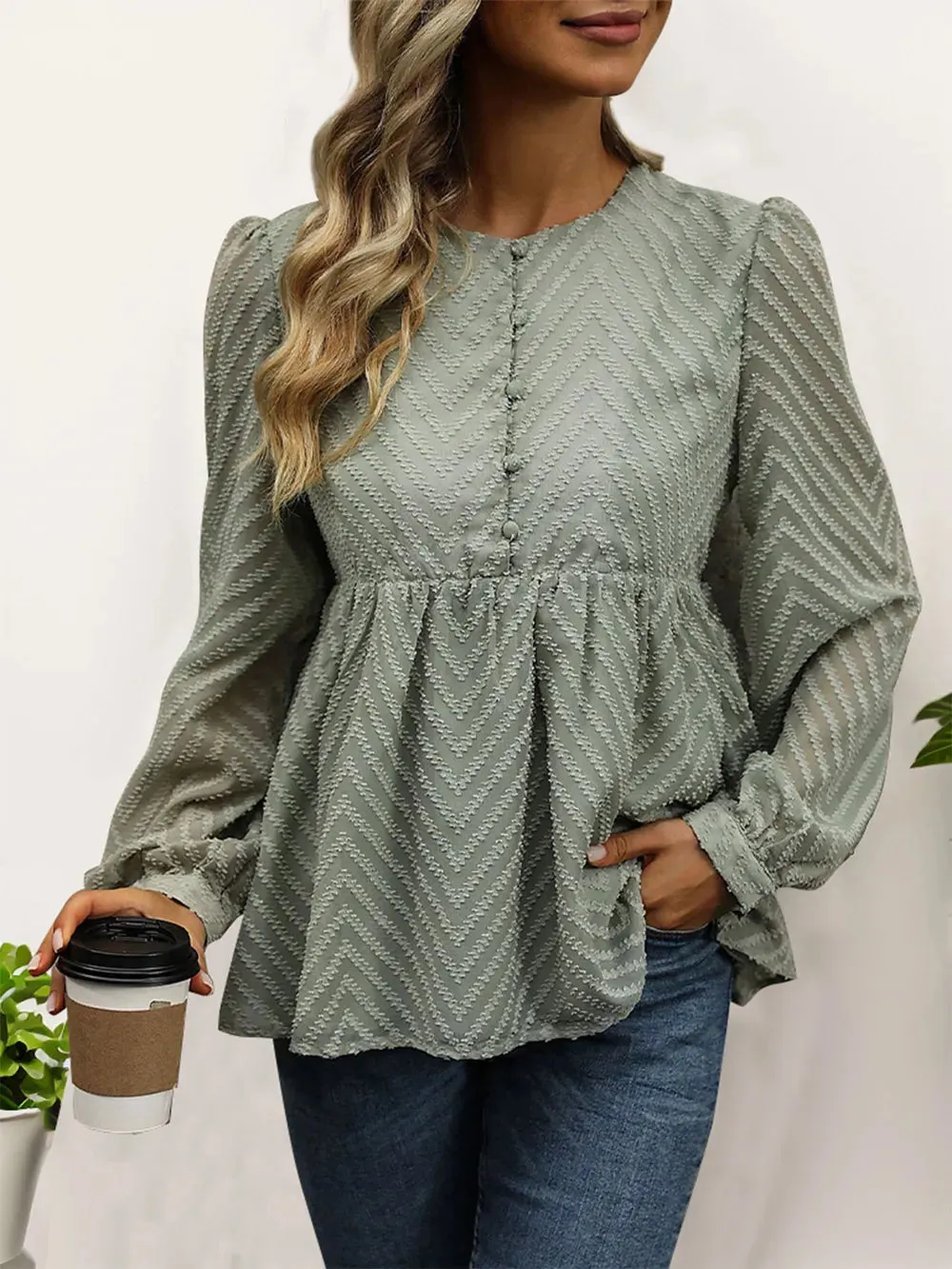 Perfee Peplum Round Neck Long Sleeve Blouse sold by Gigi Laurent