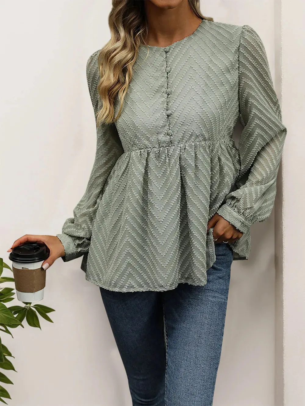 Perfee Peplum Round Neck Long Sleeve Blouse sold by Gigi Laurent product image thumbnail 4