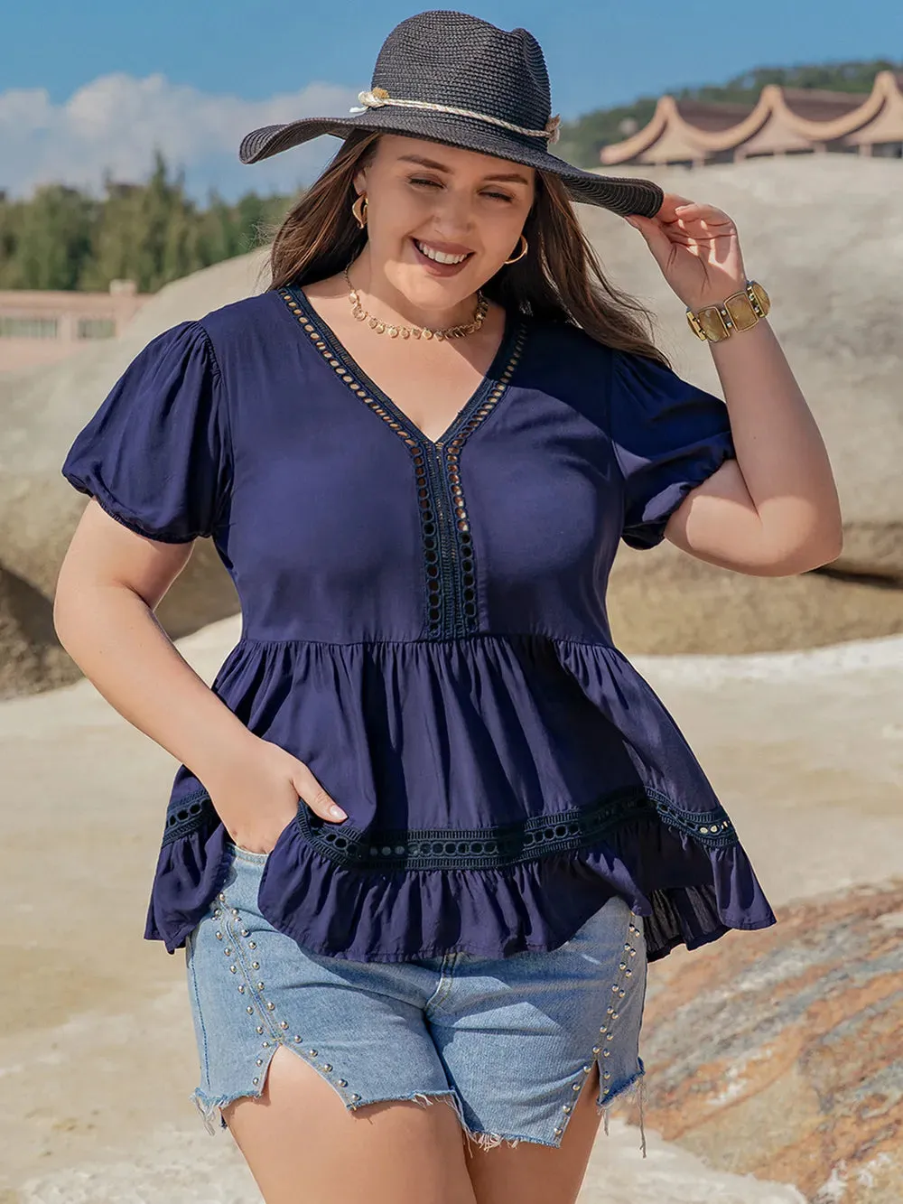 Plus Size Peplum V-Neck Short Sleeve Blouse sold by Gigi Laurent product image thumbnail 5