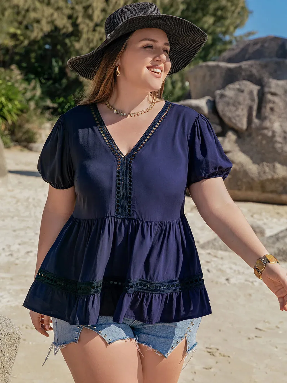 Plus Size Peplum V-Neck Short Sleeve Blouse sold by Gigi Laurent product image thumbnail 3